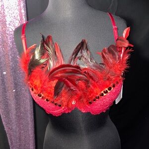 Elegant Red Feathered Bra